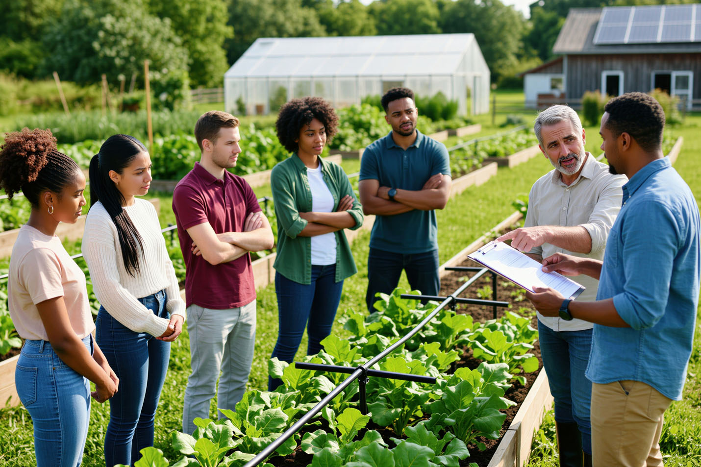 A group of people going over plans at a farm